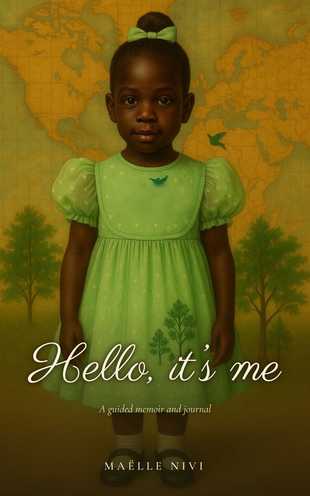 Cover of Hello, It’s Me by Maëlle Nivi: a painted little Black girl with dark skin in a green dress stands before a golden world map and trees.